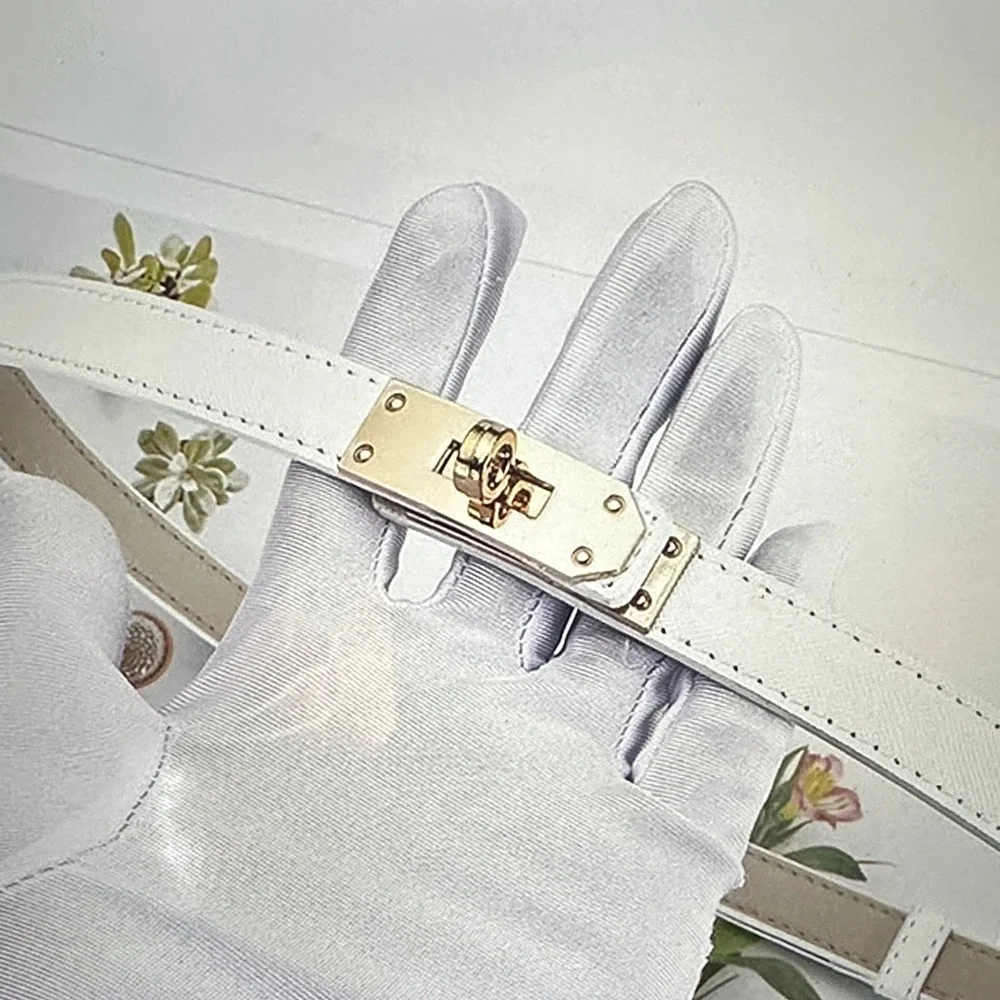 Women’s White Leather Belt with Gold Turn-Lock